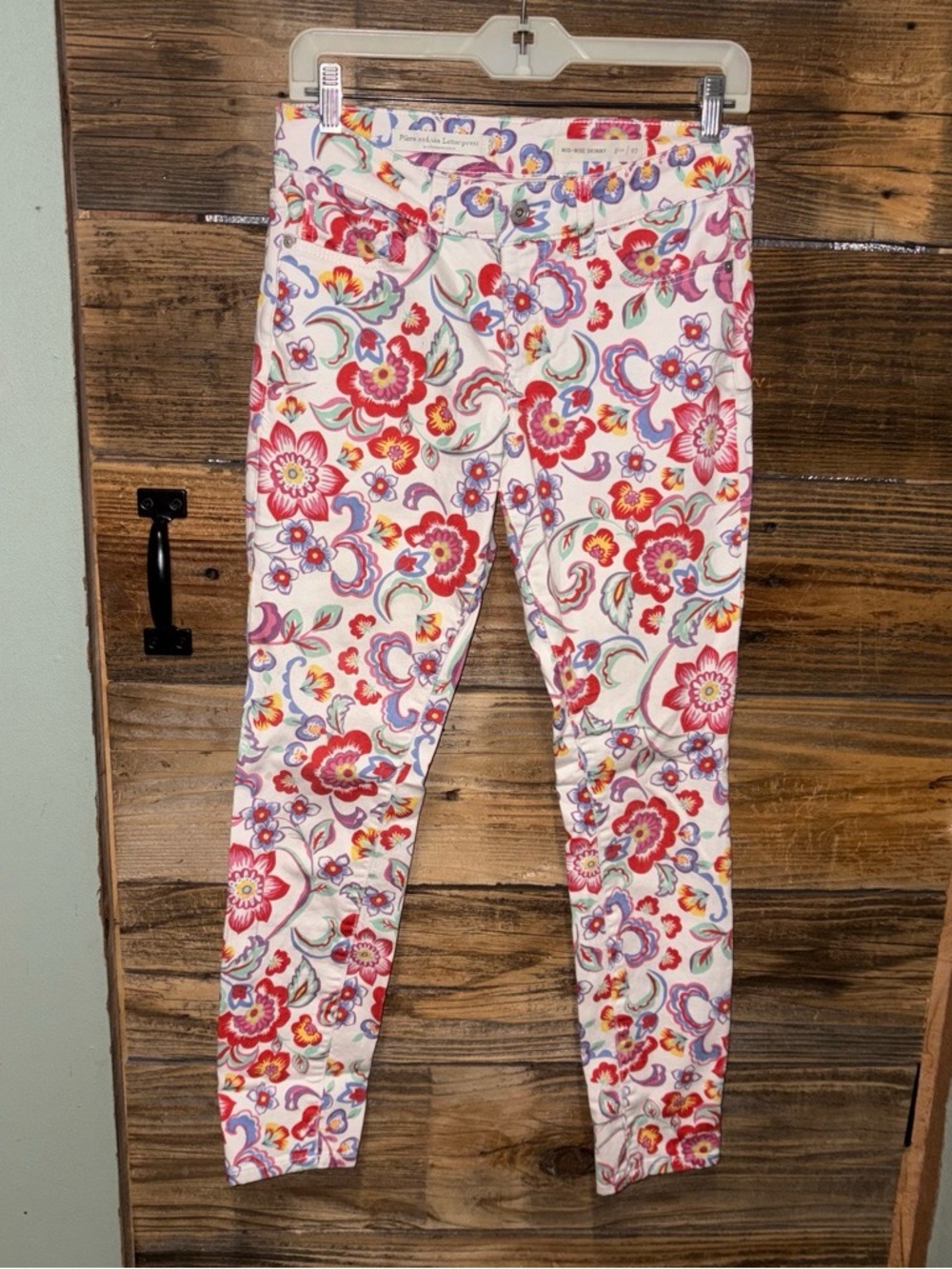 Pilcro Floral Jeans - White with Red, Purple, Green Accents